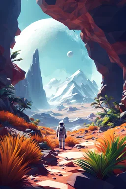 (((close midshot))), (((low poly art:2))), (astronaut), ultra-detailed illustration of an environment on a dangerous:1.2 exotic planet with plants and wild (animals:1.5), (vast open world), astroneer inspired, highest quality, no lines, no outlines candid photography.
