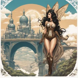 exotic sci-fi steampunk pin-up girl, with long dark hair and wings, on an alien planet with cloud trees, tall spires, buildings, bridges, arches