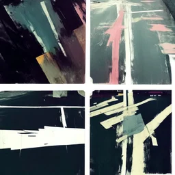 Minimal abstract oil paintings desolate 1960s carpark concrete fragments and naked bodies. style of Justin Mortimer and Francis Bacon. road markings.