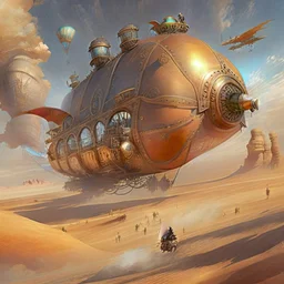 Create an image of a steampunk-inspired airship soaring over a vast desert, with a crew of adventurers on board.