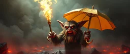 smite by god was the evil furry goblin gremlin man holding a golden umbrella in a pool of smoke and lava in the style of Escher and Giger.