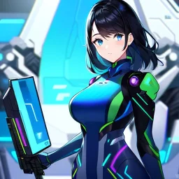 Clear focus, 8k, girl, high quality, detailed, black hair, blue eyes, beautiful lighting, vibrant colors, mech outfit