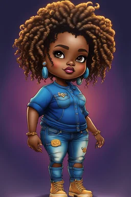 vibrant psychedelic pop punk image, airbrush, 48k, cartoon art image of a plus size chibi dark skinned Black female wearing a sapphire blue jean outfit with timberland boots. Prominent make up with brown eyes. Highly detailed tight curly ombre dread locs