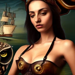 hyper realistic, beautiful spanish girl, short black air, green eyes, with owl tatoo, dressed a steampunk pirate, bra with carved leather, Tintoretto ships in background. salvador dalì style. high details, meteor shower. 4k, unreal engine