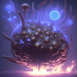 Spherical Frost metal magic armoured lightning Mycelium giant blob MUSHROOM flower stars SPACE lANDSCAPE BURNING IN BLUE FLAMES hellfire abyss math chaos runes