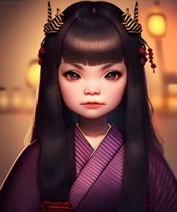 pixar style, ancient japanese temple environment, extreme closeup front face portrait of one cute young loli princess, traditional kimono, slim, slightly squinting, excited facial expression, smirking or pouting, long fringed wavy messy random hairstyle, deep dark real humanly eyes, perfectly round iris, fine detailed long eyelashes, realistic shaded perfect face, round face, blushing, sharp focus, small bosom, chibi, kawaii, gothic, artwork by shinichiro watanabe