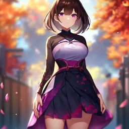 Clear focus,High resolution, one girls, Short brown hair, Purple eyes, Wearing a techy outfit standing with blurry sakura leafs falling down, Wearing a split skirt