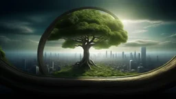 the last tree on earth, view from a far, portal to a space near the tree on the left, on the right city of the future year 4222, very realistic,