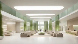 interior de un lobby centro clínico a gran escala con materiales contemporáneos con buen diseño de iluminación contemporánea, desde la perspectiva humana, dando importancia al wellness del lugar y escala de usuario, integrando jardines interiores y buena distribución de mobiliarios