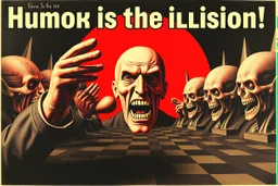 "Humor is the illusion!" propaganda poster in the style of Rembrandt, Escher and Giger