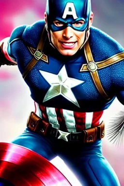 A real realistic picture of Captain America, white skin, medium nose, medium hazel eyes, wavy hair, pink cheeks, full eyebrows, long eyelashes, round face, full lips, smiling face ،A real, realistic picture of a beautiful twenty-year-old carrying a feather, real, realistic, many colors ، The picture is very detailed, as if you could reach out and connect with the two worlds. The paintings are very detailed