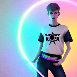 full body photo of smiling feminine pretty 19 year old boy wearing a star wars shirt, with rainbow glitter eye make-up, flat chest, pronounced adam's apples, short and long pink hair, no body hair, no tattoos, lgbt, transgender, highly detailed, photo realistic, plain background, still shot, photo realism, full body photo, 8k high resolution, high detail, --ar 2:3 --v 4