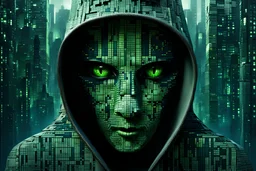 hooded cat's face covered in pixels, dystopian cityscape style, vray, ambient sculptures, GREEN, BLUE, GRAY, FUTURIST, Frank Thorne, dark and mysterious, coded patterns, video montages, fantasy art, science fiction, architecture, 3d rendering, dark fantasy