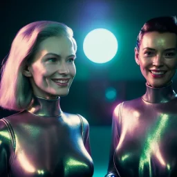 Ultra Realistic scene, retro futuristic style, 1960 fashion sci-fi. 2 cyber Women, smile, happy. highly detailed, concept art, unreal engine 5, ray tracing, RTX, lumen lighting, ultra detail, volumetric lighting, 3d, finely drawn, high definition, high resolution.