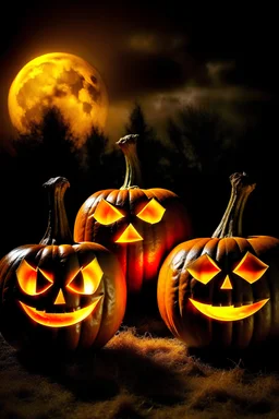 three jack o lantern pumpkins in front of a full moon, jack-o-lanterns, halloween celebration, halloween, spooky halloween night, spooky halloween theme, halloween wallpaper with ghosts, in a halloween style, halloween theme, trick or treat, halloween atmosphere, pumpkins, halloween night, spooky halloween fun, october, horror spooky, mood scary, jack - o'- lantern