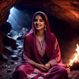 Hyper Realistic Photographic Outside View Of A Gorgeous Pashto Girl (Wearing Simple Burgundy Colored Dress With White Embroidery & Wearing Pink Dupatta On Her Neck) Happily Sitting & Smiling Boldy In A Cave With Little-Bonfire, With Heavy Rain Outside Cave With Glowing Little Crystals) At Dark Night Showing Dramatic & Cinematic Ambiance.