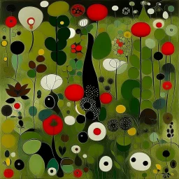 An olive green spring meadow with giant flowers painted by Joan Miro