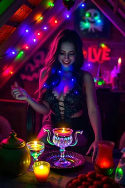 Glowing voluptuous Halloween vampire woman having a tea party in the haunted house attic. Colorful string lights and festive decorations create a spooky magical atmosphere