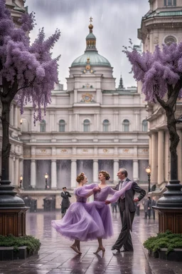 The old Moscow courtyard of the early 20th century in the style of the Stalinist world, with a lilac branch in the foreground, it is raining lightly and raindrops are flowing down a lush lilac branch. In the back there is a middle-aged Couple dancing a classical dance together against the backdrop of the Moscow Bolshoi Theater. The image is of extra quality and sharpness