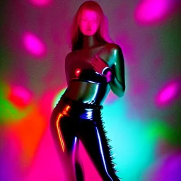 A 1990s or early 2000s magazine party photoshoot. Neon blob, metallic spikes, ethereal. Extremely detailed, HD photography, high quality, stylized, dramatic, high contrast, high exposure.