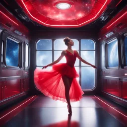 In the pulsating space station, a ballerina in a agent provocateur red frilly dress gracefully glides through a shining corridor, with bay windows revealing the vast expanse of outer space. Her movements are fluid and hypnotic, as if choreographed by the stars themselves. Each step she takes accentuates the curves of her form-fitting outfit, the soft fabric fluttering around her like a crimson nebula.