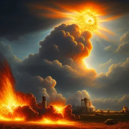 Jesus on the background of a nuclear explosion, in the dark, darkness, photorealistic illustration, 8k