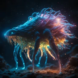 giant bioluminescent creature glowing in dark, particles in air, bright colors, glowing sparkle particles, dark tone, sharp focus, high contrast, 8k, incredible depth, depth of field, dramatic lighting, beautifully intricate details, clean environment, epic dynamic scene, photorealistic cgi