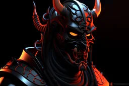 3D Print of an Hannya Oni Masked Cyberpunk Samurai, Mouth Mask, Long Hair, semi realistic human render, blender 3D, ultra detailed, Black and Orange, Controlled Randomness, depth of vision, depth of field, sharpness 35%, Low Light Photography, Unreal Engine 5, OctaneRender, object illumination, ambient occlusion, metallic texture, static background, aesthetic, cyber, glossy, glow, bloom, surrealism,