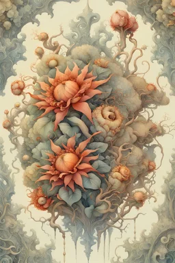 Fantastic big exotic flowers, watercolor ink, intricate, magical, in the style of James Jean, Brian Froud, Yana Movchan, Zdzisław Beksinski, Hieronymus Bosch, hyperdetailed, sharp focus, intricate, concept art, digital painting, ambient lighting, 16 k, trending on artstation, hyper quality, highly detailed, fantasy, beautiful, colourful.