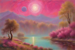 fushsia sky, planet in the sky, lake, sci-fi, mountains, galactic cosmic influence, friedrich eckenfelder and emile claus impressionism paintings