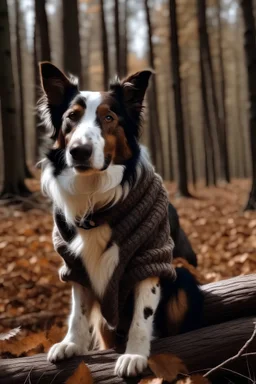 perro marron y blanco gigante, vestido de camisa y pollera, en el bosque