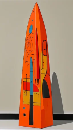 An orange colored technologic obelisk painted by Stuart Davis