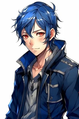 dark blue haired anime boy in a leather jacket