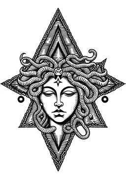 a 12 sided star with snakes head as the points. like greek statue of medusa but with no face. a black drawing on a white background.