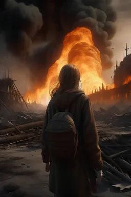 An extremely detailed and realistic, civilian woman facing her instant death the moment her body is completely engulfed in the flames of an apocalyptic full scale nuclear war :: horrifying, death, ultradetailed, photorealism, 8K, 3D, Octane Render, HDR