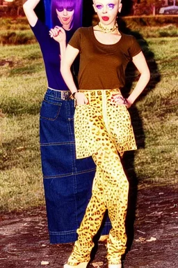 year 1996 denim fashion. Loose skirt, low waist. Combat pants and t-shirt. Colors: denim blue, blue, purple, cream, khaki, light green, lilac, plum, orange, terracotta, red, light yellow, pink, dark blue, beige. Latex in small part. Cheetah pattern. Gwen Stephani, Shirley Manson.Cargo pants