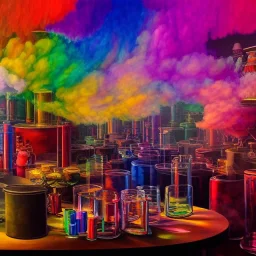 inside factory of colors. smoke rises from multi-colored glassware. color swatches in the background. hyperdetailed, warm colors, detailed painting, photorelistic, oil on canvas, light dust, futuristic. volumetric lighting