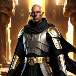 star wars bald male corellian jedi pilot wearing black and gunmetal grey old republic armored robes with gold trim, alone, battle-ready Jedi Master defending a ruined ancient city surrounded by golden light, centered head and shoulders portrait, hyperdetailed, dynamic lighting, hyperdetailed background, 8k resolution, volumetric lighting, light skin, fully symmetric details