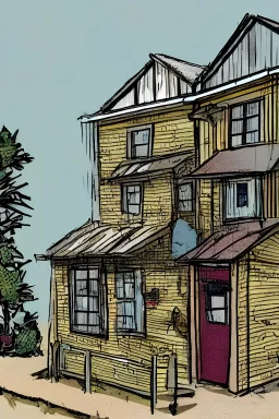 Front of a small, one-story Farm house built in the middle of a city street flanked by two houses, street level view, street level view, cartoon art