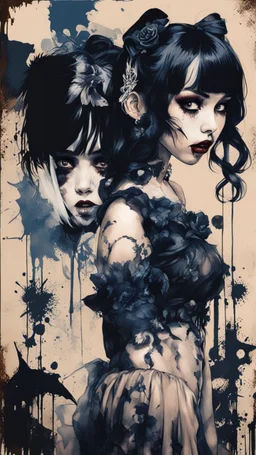 Poster in two gradually, a one side malevolent goth vampire girl face and other side the Singer Melanie Martinez face, full body, painting by Yoji Shinkawa, darkblue and sepia tones,