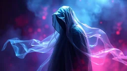 In a mesmerizing and ethereal manner, an otherworldly being emerges in the form of a translucent black hood ghost. This exquisite and captivating image, resembling a digital painting, showcases the ghost's ephemeral nature, seamlessly blending with the vibrant colors of its surroundings. With an aura reminiscent of pure radiance, the ghost's translucent figure appears as if touched by divine light. Its flowing, iridescent robes create an illusion of movement,