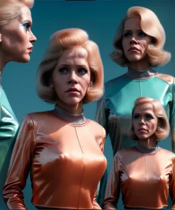 Ultra Realistic retro sci-fi movie Supermarket parking scene, 1960 year, waist up view portrait, 2 clones blonde women, sweet teenager Jane Fonda face, perfect iris, glow eyes, face makeup, tight latex coat, Scare people background, Retro sci-fi style, soft color, highly detailed, unreal engine 5, ray tracing, RTX, lumen lighting, ultra detail, volumetric lighting, 3d, finely drawn, high definition, high resolution.