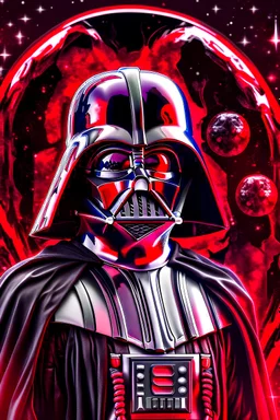 darth vader, oil paint, realistic 4k, red and black fogy background, black planet, red big planet, light from top right, stars, star was ship in ths background