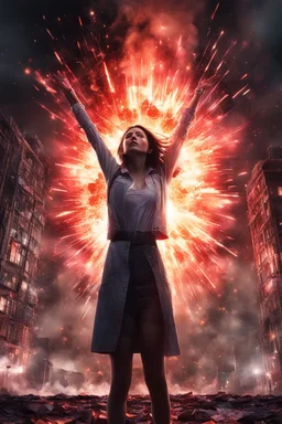 Photorealistic young woman standing, with arms raised, in front of an exploding building at night, with red auras around her