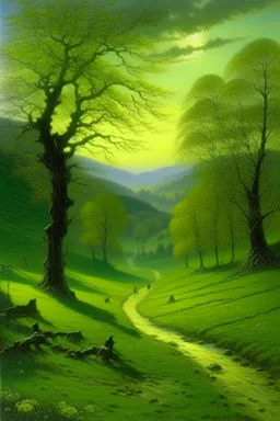 A green grove near a valley painted by John Atkinson Grimshaw