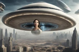 flying saucer with portals with angelina jolie inside the flying saucer flying over future alien city close up of angelina jolie as photo realistic