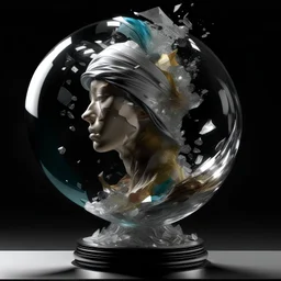 Designer fine art 3d sculpture in pieces Exploding view: A see through glass sculpture an exploding head of a woman, with the earth inside her head, the hollow glass sculpture is made of thin fluid pearlescent glass, see through broken cracked glass, it’s coming apart in pieces, all the pieces are suspended in the air, inside a pixel glass orb, in a glass cube, alien sugar cube, micro details, 3d sculpture, in space