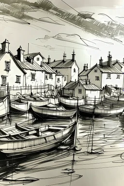 Fine line Sketch of English fishing village in style of john singer sargent