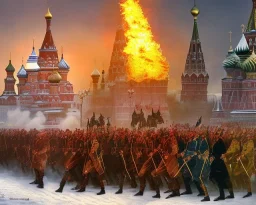 cruel satan president Vladimir Putin in modern Moscow in fire