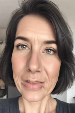 A selfie of a brunette woman with a round face, short hair and small eyes taken at home. showing incredibly beautiful extremely attractive 47-year-old European woman. (She has white skin, tousled black hair, pretty face without makeup, big round brown eyes, cute profiled nose, detailed full lips.)